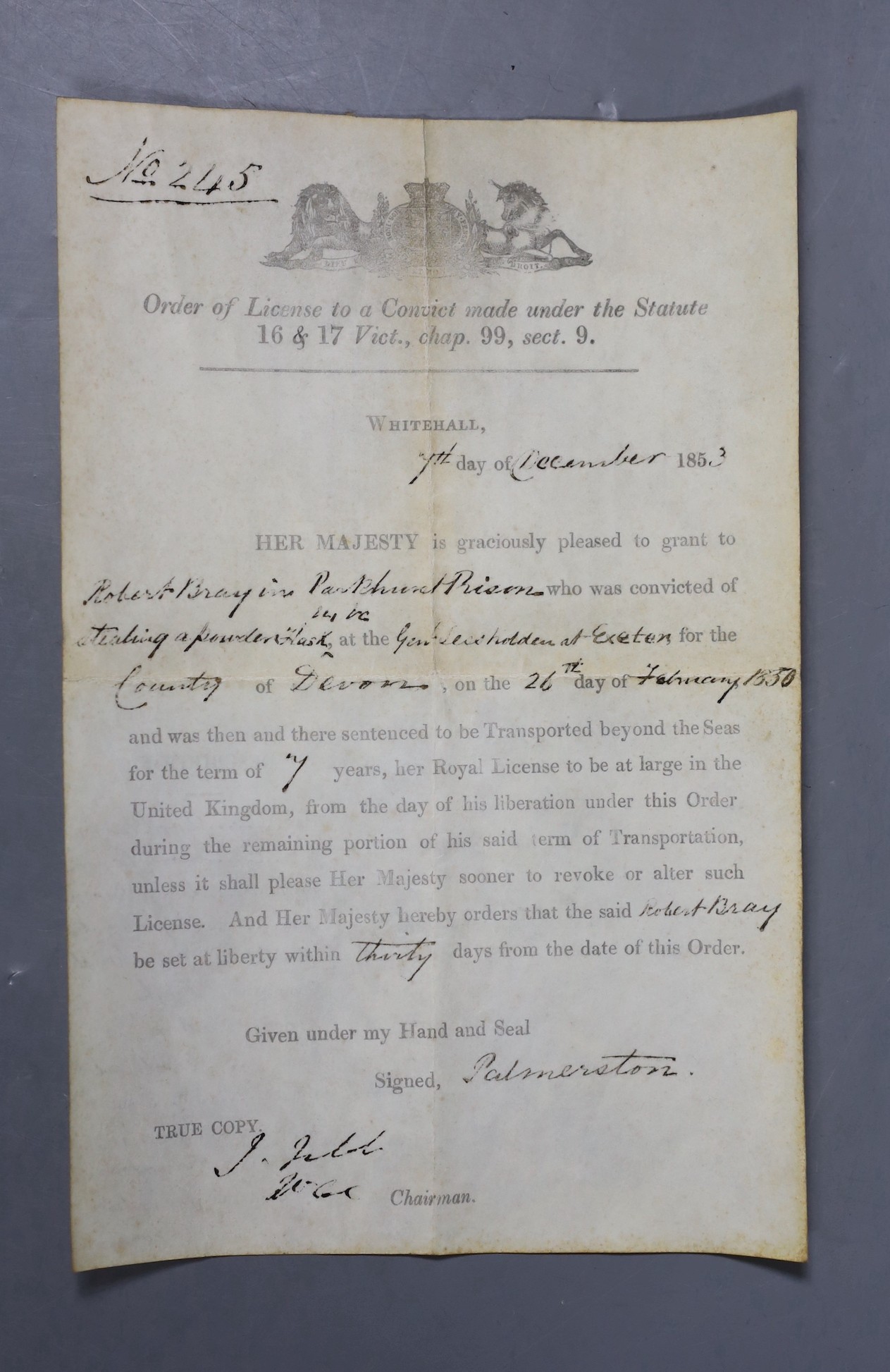 Order of License to a convict, dated 1853, signed by Palmerston